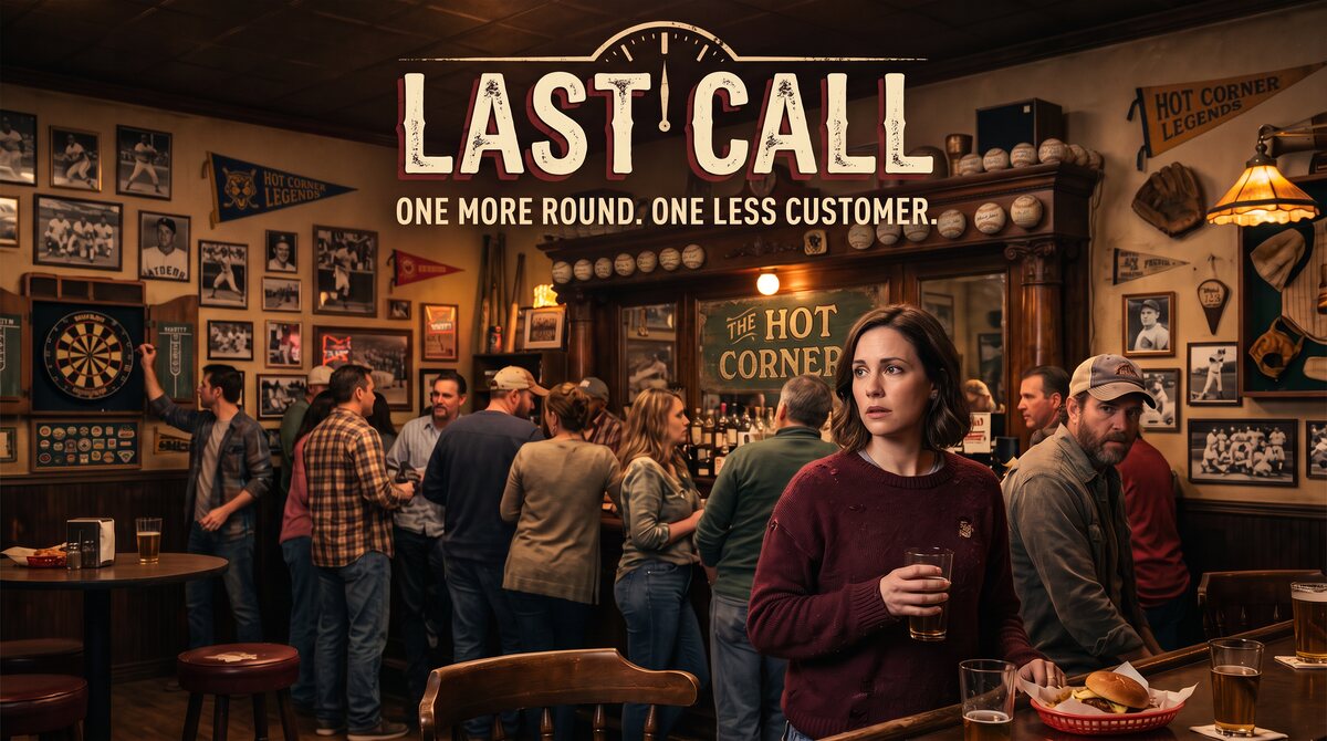 Last Call game artwork showing regulars crowded into The Hot Corner, a neighborhood baseball bar lined with pennants and team photos, as a woman at the bar looks back uneasily.