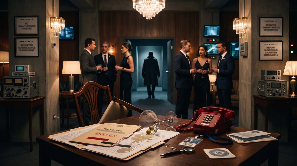Agents in evening wear mingle at a dim, chandelier-lit agency party while a silhouetted figure waits in a doorway beyond a desk strewn with top-secret files and a red telephone.